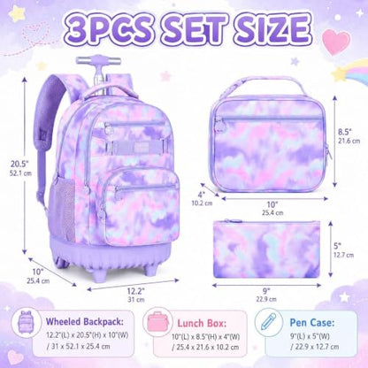 3Pcs Rolling Backpack for Girls, 19 Inche Women Roller Bag with Wheels for Adults, Wheeled Bookbag with Lunch Box(Purple) - color: Tie-dye Purple
