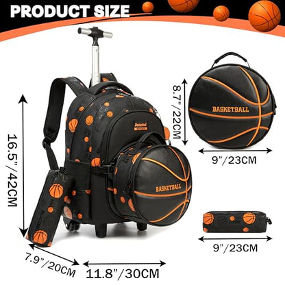 Kids Rolling Backpack Roller Backpack with Wheels Elementary Kindergarten Students Basketball Trolley School Bag for School Boys - color: Black