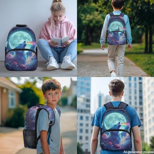 Cool Wolf Backpack for Boys - 17 Inch Bookbag with Insulated Lunch Box, Water Bottle Bag & Pencil Case, 4 in 1 Bookbag Back to School Supplies - color: Cool Wolf