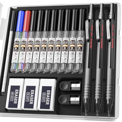 Nicpro 3 PCS Metal 2.0mm Mechanical Pencil Set with Case for Sketching | Include: 3 Lead Holder with 2mm Lead Refill (HB 2H 4H 2B 4B), Sharpeners, Erasers for artists, writing and technical drawing - color: Black