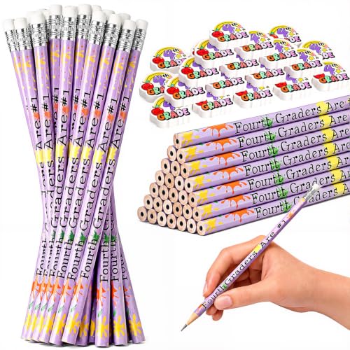 48 Pcs/24 Sets 4th Graders Pencils and Erasers Bulk Set Motivational Pencils Back to School Supplies for Kids Student Inspirational Teacher Classroom Reward Party Favors Gifts - style: 4th Grader