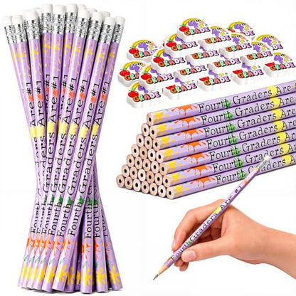 48 Pcs/24 Sets 4th Graders Pencils and Erasers Bulk Set Motivational Pencils Back to School Supplies for Kids Student Inspirational Teacher Classroom Reward Party Favors Gifts - style: 4th Grader
