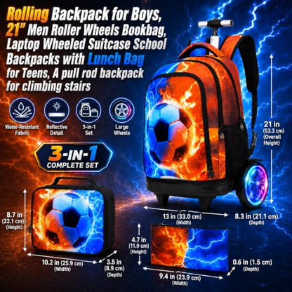 AGSDON Quiet Rolling Backpack with Lunch Box Set – Large Luminous Wheel Water‑Resistant Wheeled Bag for School, Outings, and Travel | Fire-Lightning Soccer 3‑Piece Organizer Backpack - color: Large Luminous Wheel Rolling Fire-lightning Soccer