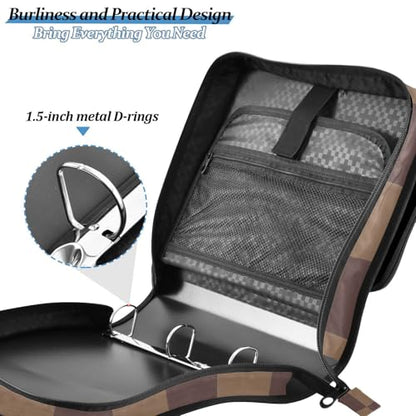 3 Ring Zipper Binder with Shoulder Strap Brown Checkerboard B 1.5 inch Binders Keeper Large Capacity Multi Pockets for School Office Supplies - color: Multi2341, size: Fit 500 Sheets