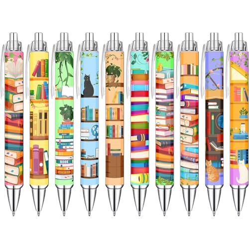 Idealmuzik Bookshelf Theme Ballpoint Pens, 10 Pack – Colorful Book & Library Design Pens with Reading and Study Icons, Smooth Writing Pens for Students, Teachers, Readers & Office Use - style: Bookshelf