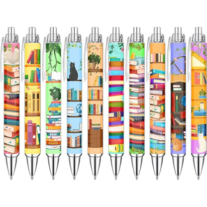 Idealmuzik Bookshelf Theme Ballpoint Pens, 10 Pack – Colorful Book & Library Design Pens with Reading and Study Icons, Smooth Writing Pens for Students, Teachers, Readers & Office Use - style: Bookshelf