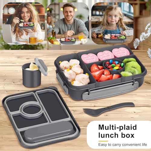 Amathley Bento Box Adult Lunch Box Kids,Lunch Containers for Adults/Kids/Toddler,5 Compartments Bento Lunch Box with Sauce Vontainers,Microwave & Dishwasher & Freezer Safe,BPA-Free (Dark Gray) - color: Dark Gray