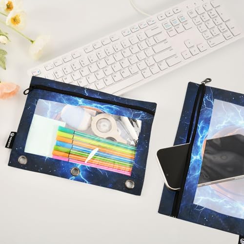2 Pack Pencil Pouch for 3 Ring Binder Blue Lightning Basketball Pencil Case Pouch with Clear Window Zipper Binder Pencil Pouches Pen Bag for Office School Supplies - color: Blue Lightning Basketball