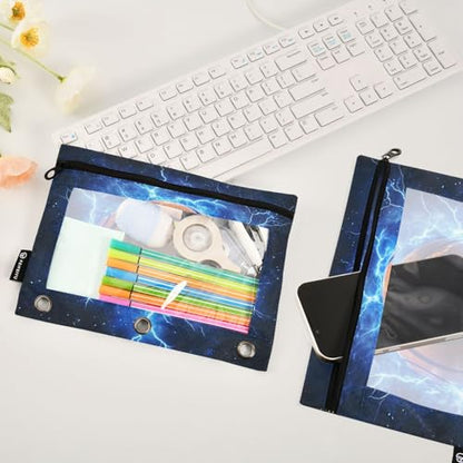 2 Pack Pencil Pouch for 3 Ring Binder Blue Lightning Basketball Pencil Case Pouch with Clear Window Zipper Binder Pencil Pouches Pen Bag for Office School Supplies - color: Blue Lightning Basketball