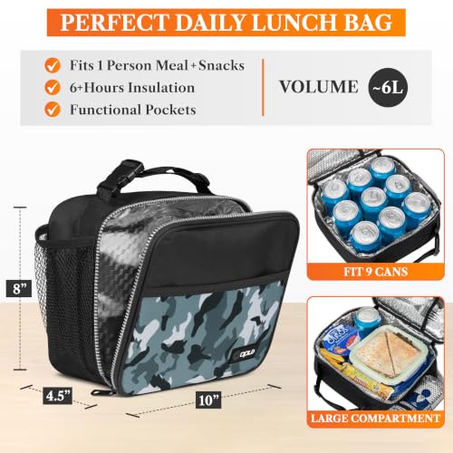 opux Insulated Lunch Bag for Kids, Reusable Lunch Box for School with Leakproof Lining, Compact Soft Cooler Tote for Boys & Girls, Front Pocket, Mesh Side Bottle Holder (Camo Green) - color: Camo Green