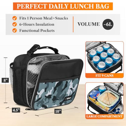 opux Insulated Lunch Bag for Kids, Reusable Lunch Box for School with Leakproof Lining, Compact Soft Cooler Tote for Boys & Girls, Front Pocket, Mesh Side Bottle Holder (Camo Green) - color: Camo Green