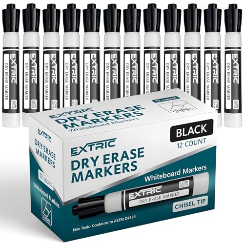 EXTRIC Black Dry Erase Markers 12 PK Whiteboard Marker Chisel Tip | Use: Whiteboards and Glass Boards, Color: Vivid Black Ink, Tip Style: Chisel Tip, Feature: Low-Odor, Quick Drying - color: Black, size: 1 Count (Pack of 12)