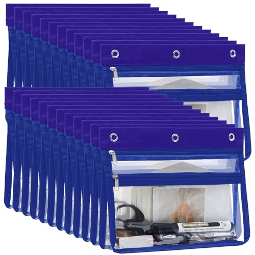 YoeeJob 24 Pack Zipper Pencil Pouches for 3 Ring Binder, 1.5 Inch Expandable with 2 Pockets and Clear Window for School and Office （Blue） - color: Blue, size: 24 Packs
