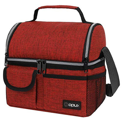 opux Insulated Lunch Bag Women Men, Dual Compartment Leakproof Lunch Box Adults Kids, Double Decker Meal Prep Bento Lunch Cooler Tote with Shoulder Strap for Work Office School Travel, Red - color: Heather Red