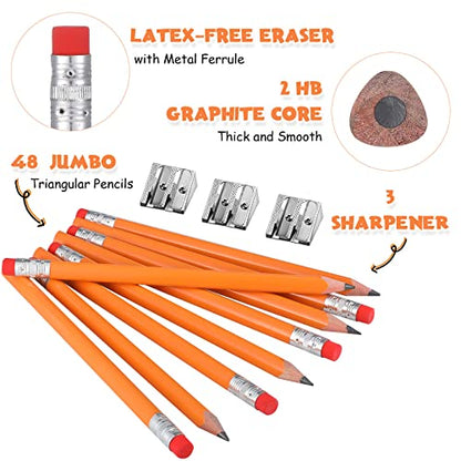 Fainne 48 Pcs Fat Pencils Jumbo Big Thick Large Pencils and 3 Pieces Sharpeners for Kids Beginners Preschoolers Kindergarten School Office Supplies(Orange+Silver,Triangle) - color: Orange+Silver, style: Triangle