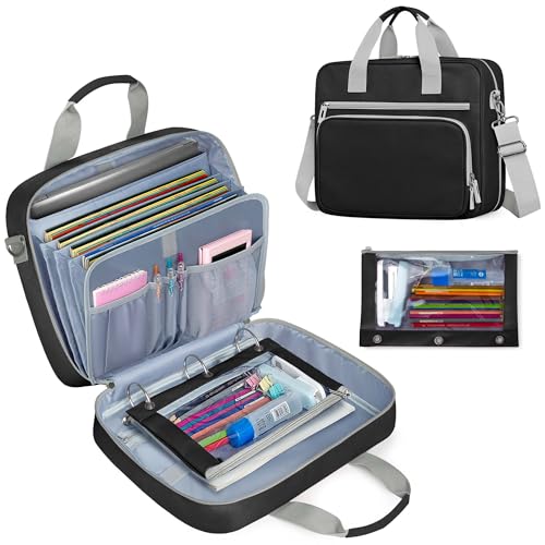 YARWO 2026 Upgraded Zipper Binder 3 Ring with Pencil Pouch, 500 Sheets Binder Bag with 5-Tab Expanding File Folder and 14” Laptop Padded Sleeve, Portable Zipper Bag for College, Office, Home, Black - color: Black