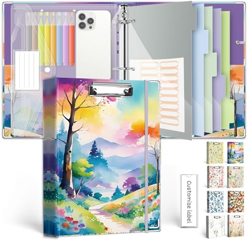 3 Ring 1 Inch Binder Organizer, KLLVE Three Ring Binders with Clipboard, 5-Tabs Pockets Dividers, Plastic Folder, 18 Divider Stikers,Pen Loop (Color Trail, Letter Size) - color: Color Trail, size: 1in（Letter Size）