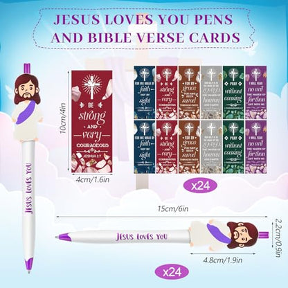 CroBlissful 48 Pcs Jesus Pens Bulk Christian Gift for Kid Jesus Loves You Sunday School Prize Religious Easter Gift Bible Verse Ballpoint Pen with Bookmarks for Catholic Easter(Classic Style) - style: Classic Style