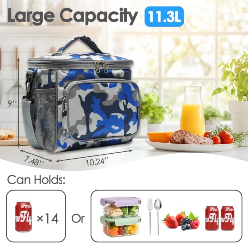 FlowFly Insulated Reusable Lunch Bag Adult Large Lunch Box for Women and Men with Adjustable Shoulder Strap,Front Zipper Pocket and Dual Large Mesh Side Pockets,BlueCamo - color: BlueCamo