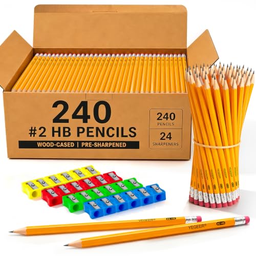 240 Pack #2 HB Pre-Sharpened Wood-Cased Graphite Pencils Bulk Pack with 24 Pencil Sharpeners and Top Erasers, for Writing, Drawing and Sketching, School, Classroom, Office & Standardized Testing (240)