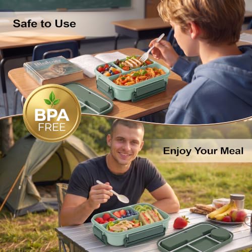 Bento Box Adult Lunch Box, Lunch Containers for Adults 44.5 Oz/5 Cup, Green | BPA-Free, Lid-Top Sauce Tray, Leak-Proof, 1300mL, Removable Silicone Sealing Ring, Lid-Top Utensil Slot with Included Cutlery - color: Green