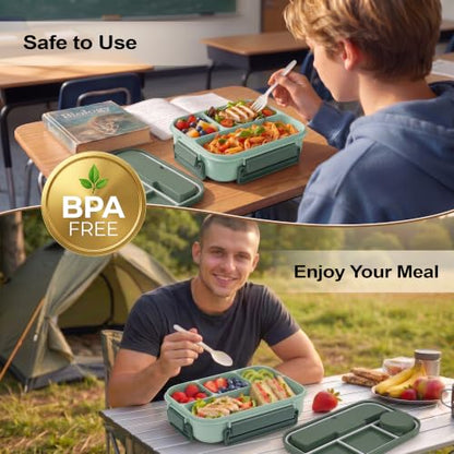 Bento Box Adult Lunch Box, Lunch Containers for Adults 44.5 Oz/5 Cup, Green | BPA-Free, Lid-Top Sauce Tray, Leak-Proof, 1300mL, Removable Silicone Sealing Ring, Lid-Top Utensil Slot with Included Cutlery - color: Green