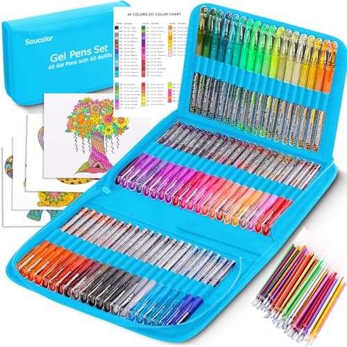 Soucolor 120 Glitter Gel Pens,60 Refills,Gel Pens for Coloring,Journaling | 60 Vibrant Colors+60 Refills,Smooth Writing for Adult Coloring Books,Bullet Journaling&Scrapbooking with Portable Travel Case - color: Blue