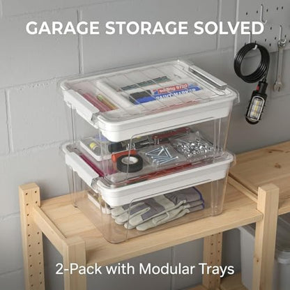 8-Quart Clear Plastic Storage Box with Removable Tray 2-Pack Craft Bins Organizers Containers