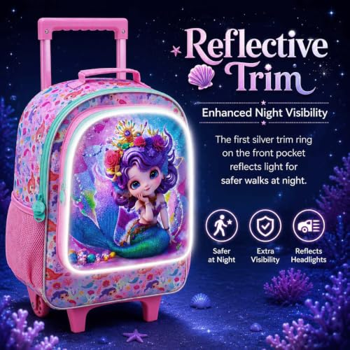 3Pcs Rolling Backpack for Girls, Kids Roller School Backpack with Wheels, Mermaid Wheeled Bookbag for Elementary Preschool Kindergarten(Pink) - color: Mermaid Pink