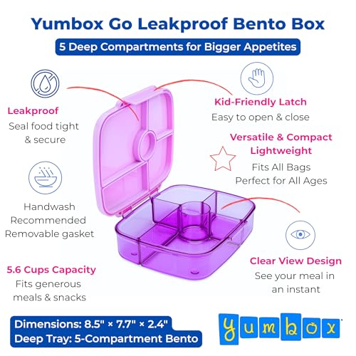 Yumbox Go Leakproof Bento Lunch Box, 5 Compartments, Kyoto Purple | Deep Portioned Tray | Removable Silicone Gasket | Lightweight Construction | Fits Most Lunch Bags | Easy-Clean Design - color: Kyoto Purple