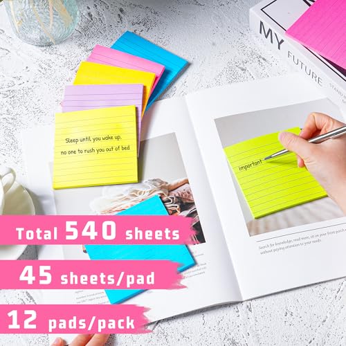 (12 Pads) Lined Sticky Notes 4x4 in Post, 6 Bright Colors with Lines Self-Stick Note Pads it, Strong Adhesive, 46 Sheets/Pad, 552 Sheets in Total - size: 4x4 in