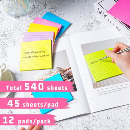 (12 Pads) Lined Sticky Notes 4x4 in Post, 6 Bright Colors with Lines Self-Stick Note Pads it, Strong Adhesive, 46 Sheets/Pad, 552 Sheets in Total - size: 4x4 in