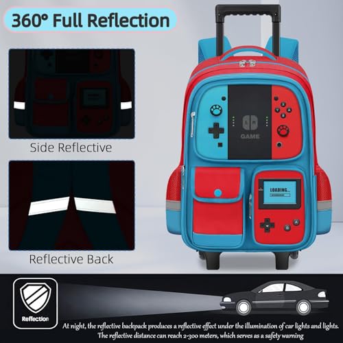 TILYTADLY Kids Rolling Backpack for Boys - 3PCS Gamer Boys Rolling Backpack with Lunch Box Set, Wheeled Travel Bookbag for Elementary Middle School, Lightweight Roller School Bag - color: red-blue-Backpack set