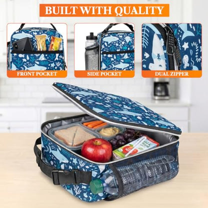 opux Insulated Lunch Bag for Kids Boys Girls, Small Compact Lunch Box with Wide Opening & Mesh Pockets, Reusable Lunch Pail for School, Work, Adults, Men, Women, Blue Shark - color: Blue Shark