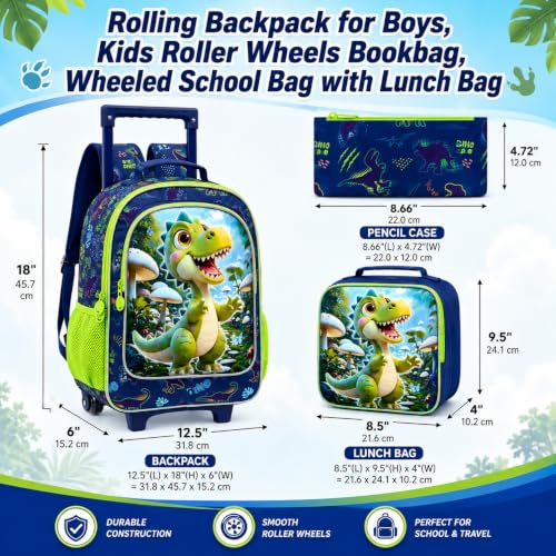 CCJPX 18" Dinosaur Rolling Backpack for Boys, 3Pcs Kids Wheeled Bookbag with Lunch Box, Lightweight Roller School Bag for Elementary Preschool(Green) - color: Green Dinosaur02