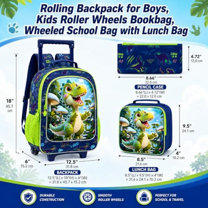 CCJPX 18" Dinosaur Rolling Backpack for Boys, 3Pcs Kids Wheeled Bookbag with Lunch Box, Lightweight Roller School Bag for Elementary Preschool(Green) - color: Green Dinosaur02
