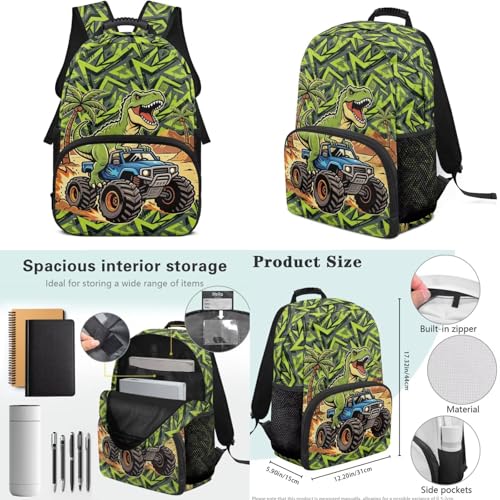 17 Inch Kid's 4PCS Backpack Set, Back to School Essentials | Insulated lunch box, water bottle pouch, pencil case, lightweight, padded shoulder straps, for elementary, middle school - color: Green Dinosaur