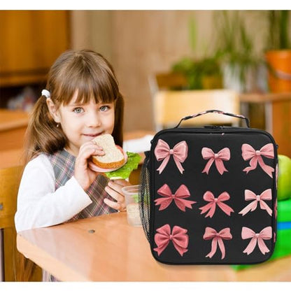 ALAZA Pink Red Bow Black Lunch Box Insulated Lunch Bag Kids Cooler Tote Bag Freezable Shoulder Strap Lunchbox for Girls School Picnic - color: Multi1057
