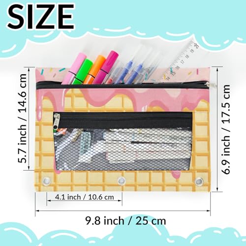 Pink Ice Cream Pencil Pouch for 3 Ring Binder Waffle Cookies Pencil Case Bag with Clear Window Zipper Pockets for Kids Girls Boys Students School College Supplies 2 Pack - color: Pink