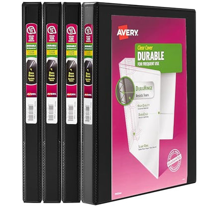 Avery Durable View 3 Ring Binders, 0.5" Slant Rings, 135-Sheet Capacity, 0.7 Inch Wide Spine, Great for Home, School Supplies, Office, or Organization Needs, Black Binders (4-Pack of 05736) - size: 0.5"