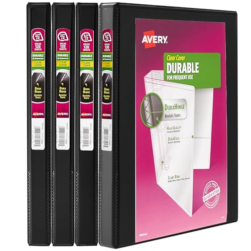 Avery Durable View 3 Ring Binders, 0.5" Slant Rings, 135-Sheet Capacity, 0.7 Inch Wide Spine, Great for Home, School Supplies, Office, or Organization Needs, Black Binders (4-Pack of 05736) - size: 0.5"