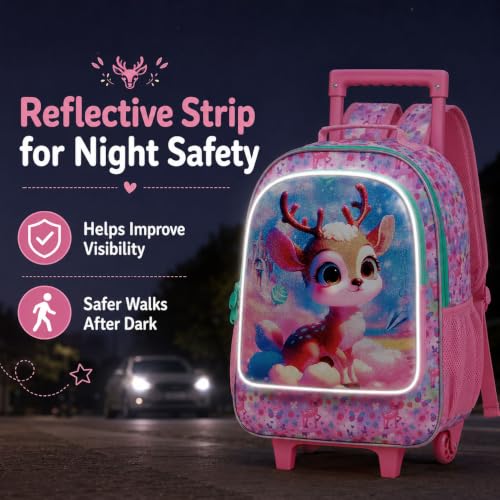AGSDON 3PCS Kids Rolling Backpack, Girls Roller Wheels Bookbag, Wheeled Elementary School Bag with Lunch Bag - Deer - color: Baiyun Deer Roller