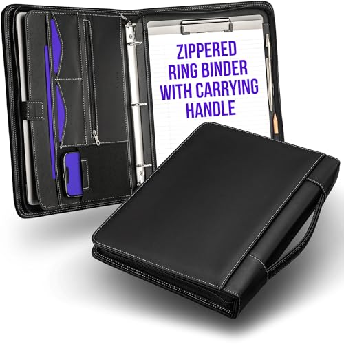 STYLIO Zipper Portfolio Binder with Carrying Handle | Removable 3-Ring Binder (1") w/Clipboard Padfolio | Organizer for Documents, iPad, Tablet, Phone, Notebook| Business Leather Folio for Men Women - color: Black, style: Zipper Binder (3-Ring) w/ Carryin