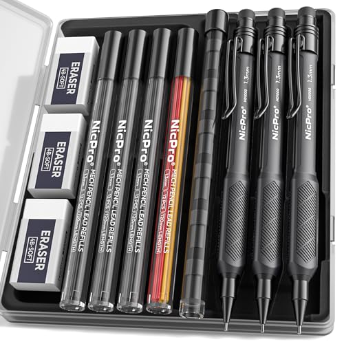Nicpro 3 Pack Weatherproof Mechanical Pencil Set, 1.3mm Mechanical Pencils, Heavy Duty Lead Pencil for Outdoor All Weather Marking Drafting Drawing with 48 Lead Refills, Erasers, Case (Black, HD1000) - color: Black, size: 3 Pack