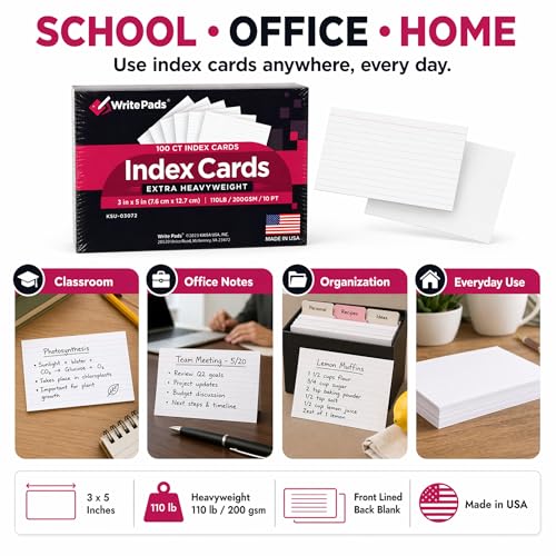Heavyweight 3x5 Index Cards, Extra Thick Note Cards, Front Lined Back Blank Flash Cards, 110lb / 200gsm / 10pt Cardstock, 100 Sheets, Made in USA, for Studying, Classroom, Office Notes & Organization - color: White 3X5-100 Sheets Heavyweight