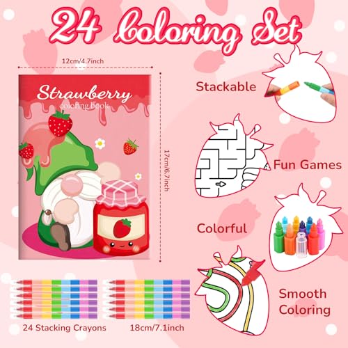 BenLouis 24 Strawberry Mini Coloring Books Kids with 24 Stacking Crayons Berry Party Favors Activity Books Bulk for Kids Girl Fruit First Goodie Bag Gift Stuffer Classroom Reward - style: Strawberry