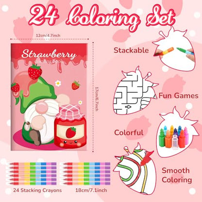 BenLouis 24 Strawberry Mini Coloring Books Kids with 24 Stacking Crayons Berry Party Favors Activity Books Bulk for Kids Girl Fruit First Goodie Bag Gift Stuffer Classroom Reward - style: Strawberry