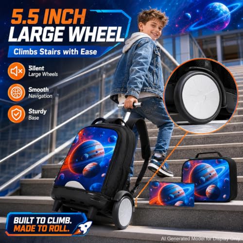 AGSDON Quiet Rolling Backpack with Lunch Box Set – Large‑Wheel Water‑Resistant Wheeled Bag for School, Outings, and Travel | Galactic Earth 3‑Piece Organizer Backpack - color: Big Wheel Rolling Backpack Galactic Earth