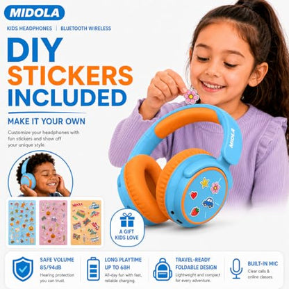 MIDOLA Kids Bluetooth Headphones 68H Play Time,Volume Limit 85/94dB, Foldable Lightweight Wireless Over-Ear Headphone for Kid Toddler Child Pad Tablet,Headsets with Built-in Mic Sky Blue - color: Sky Blue