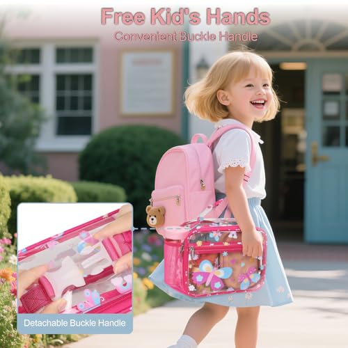 Bagseri Clear Kids Lunch Bag - School Snack Bag with Bottle Holder | Side Pocket, Buckle Handle, Wide Opening, PEVA Lining, School Kids Lunch Box, Clear Toy Bags, Pink Butterfly - color: B-rose pink butterfly
